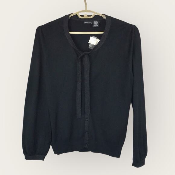 George NWT Black Sweater Metallic Trim Knit Cardigan Holiday Tie Neck 12/14 - Picture 1 of 5